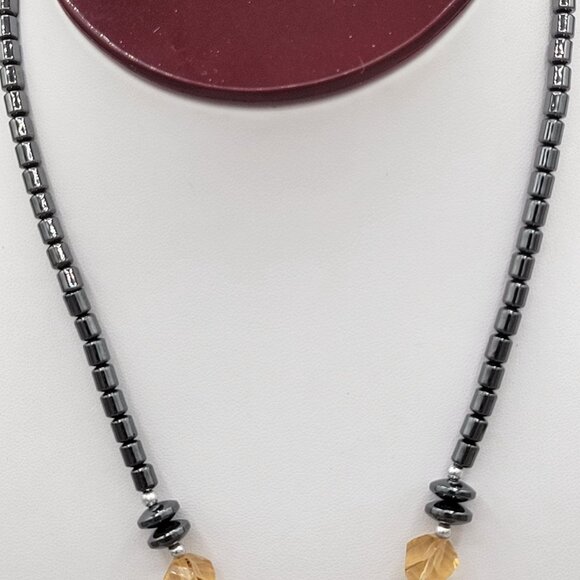 Hematite Open Heart Pendant Statement Necklace Orange Bead Accents 16" - Picture 5 of 8